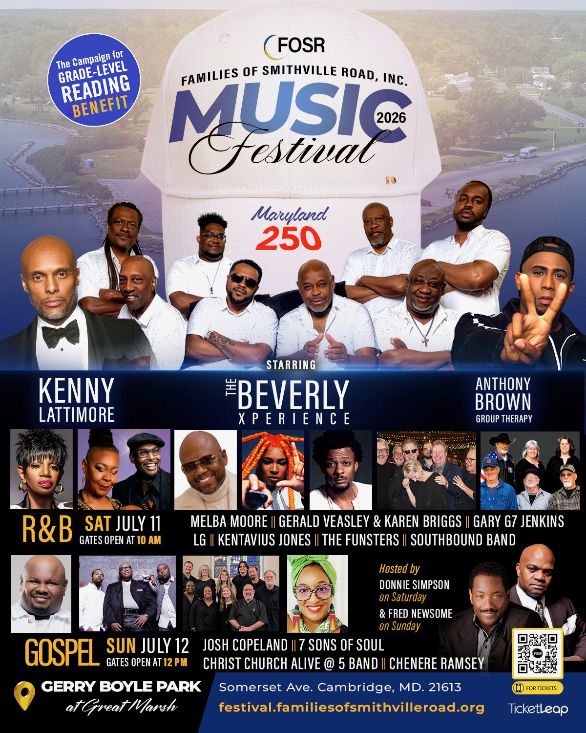 Families of Smithville Road Music Festival 2026 promotional poster. July 11-12 at Gerry Boyle Park, Cambridge MD. Saturday R&B headliners: Kenny Lattimore, The Beverly Xperience, Anthony Brown & Group Therapy; plus Melba Moore, Gerald Veasley & Karen Briggs, Gary G7 Jenkins, LG, Kentavious Jones, The Funsters, Southbound Band. Sunday Gospel with Gospel Artist Josh Copeland, 7 Sons of Soul, Christ Church Alive @ 5 Band, Chenere Ramsey. Hosted by Donnie Simpson (Saturday) and Fred Newsome (Sunday). Tickets at festival.familiesofsmithvilleroad.org.